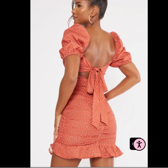 NEW Rust Polka Dot Puff Sleeve Ruched Tie Back Bodycon Dress - Picture 5 of 5